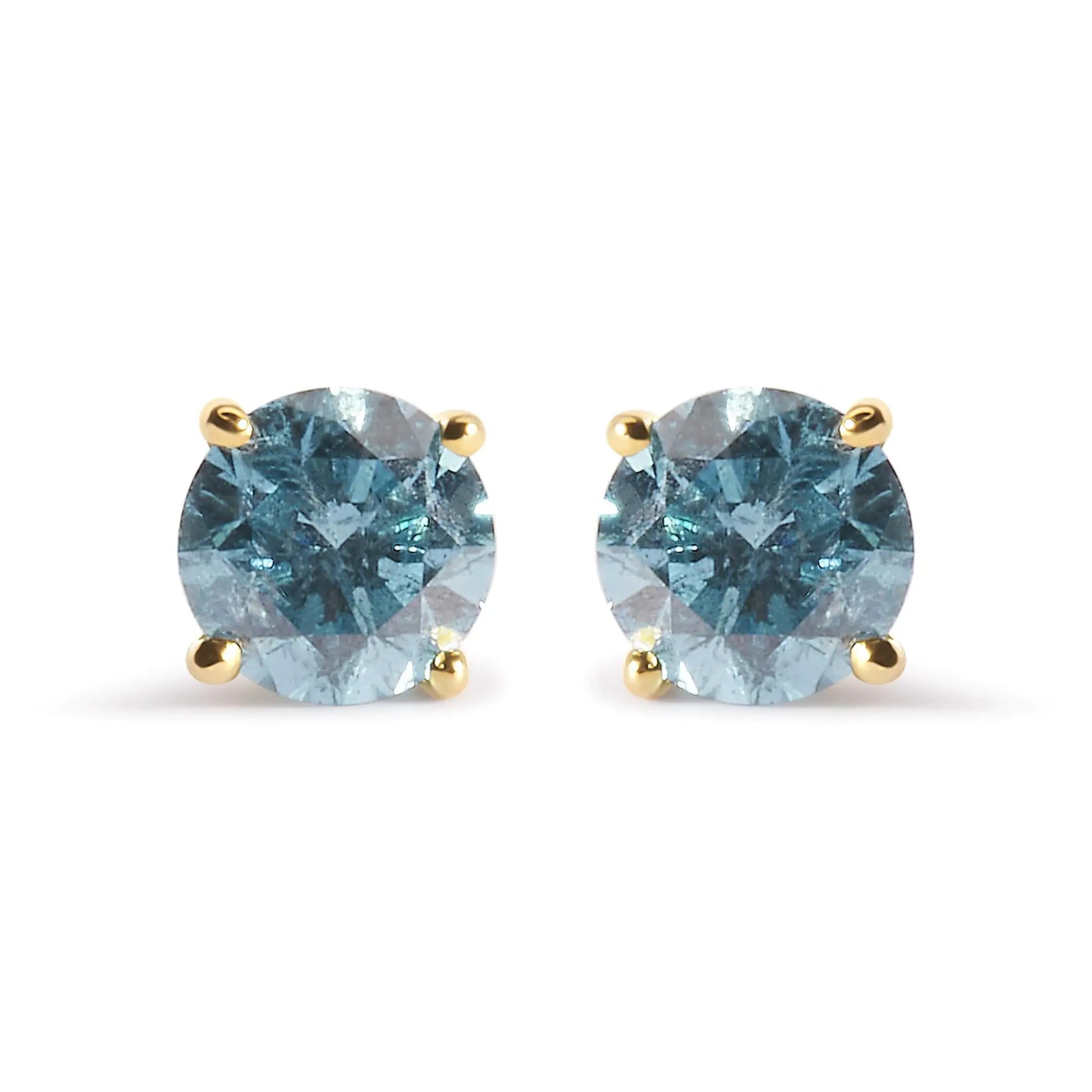 14K Yellow Gold 1.0 Cttw Treated Aqua Blue Diamond Classic Solitaire Stud Earrings (Aqua Blue Color, I2-I3 Clarity)