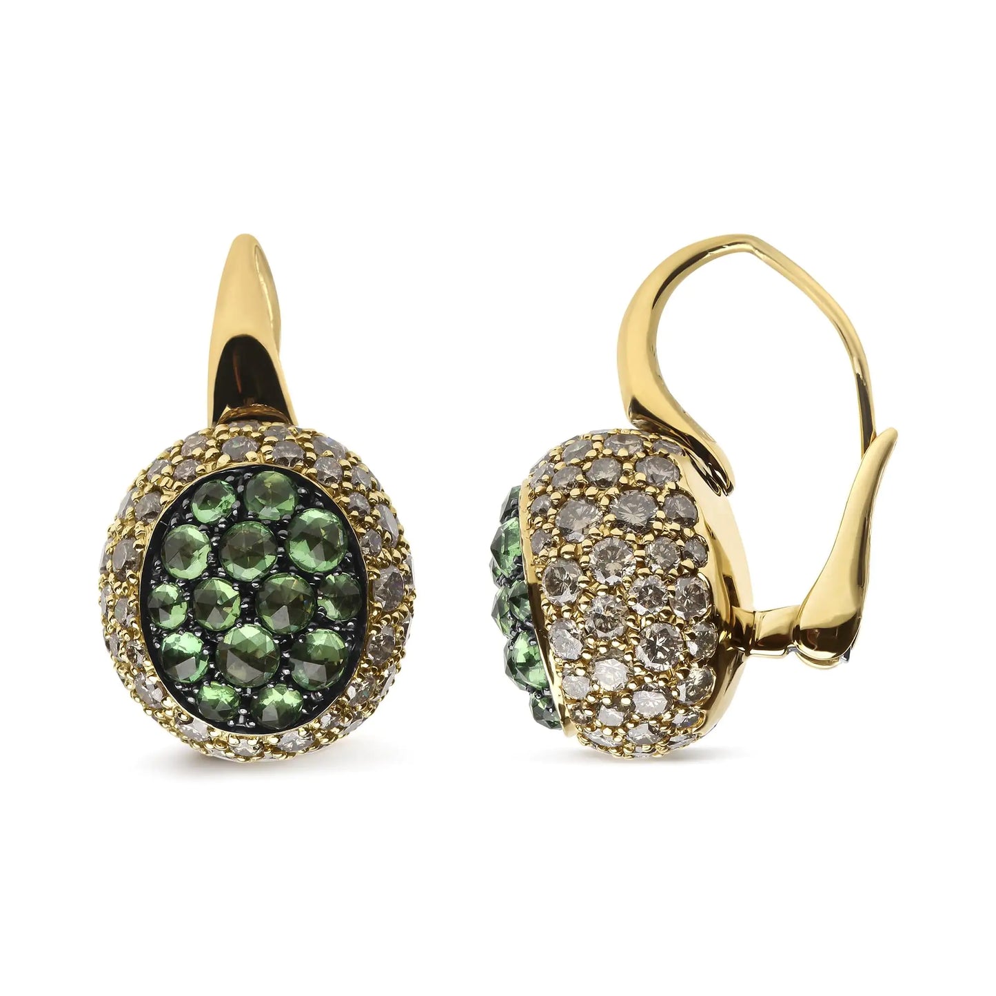 18K Yellow Gold 3 1/2 Cttw Diamond and Round Green Tsavorite Gemstone Round Domed Drop Hoop Earrings (Brown Color, SI1-SI2 Clarity)