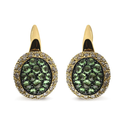 18K Yellow Gold 3 1/2 Cttw Diamond and Round Green Tsavorite Gemstone Round Domed Drop Hoop Earrings (Brown Color, SI1-SI2 Clarity)