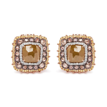 14K Rose Gold 6.00 Cttw Fancy Diamond Cushion Shaped Triple Halo Stud Earrings (Fancy Color, I2-I3 Clarity)