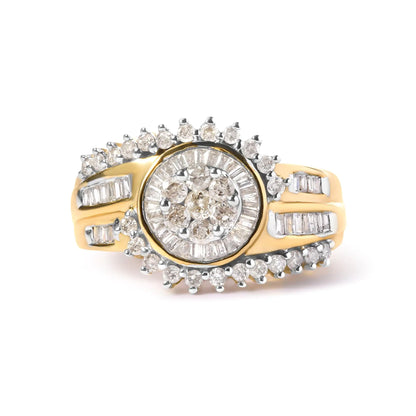 10K Yellow Gold 1 Cttw Round and Baguette cut Diamond Cluster Swirl Band Ring (H-I Color, I1-I2 Clarity)