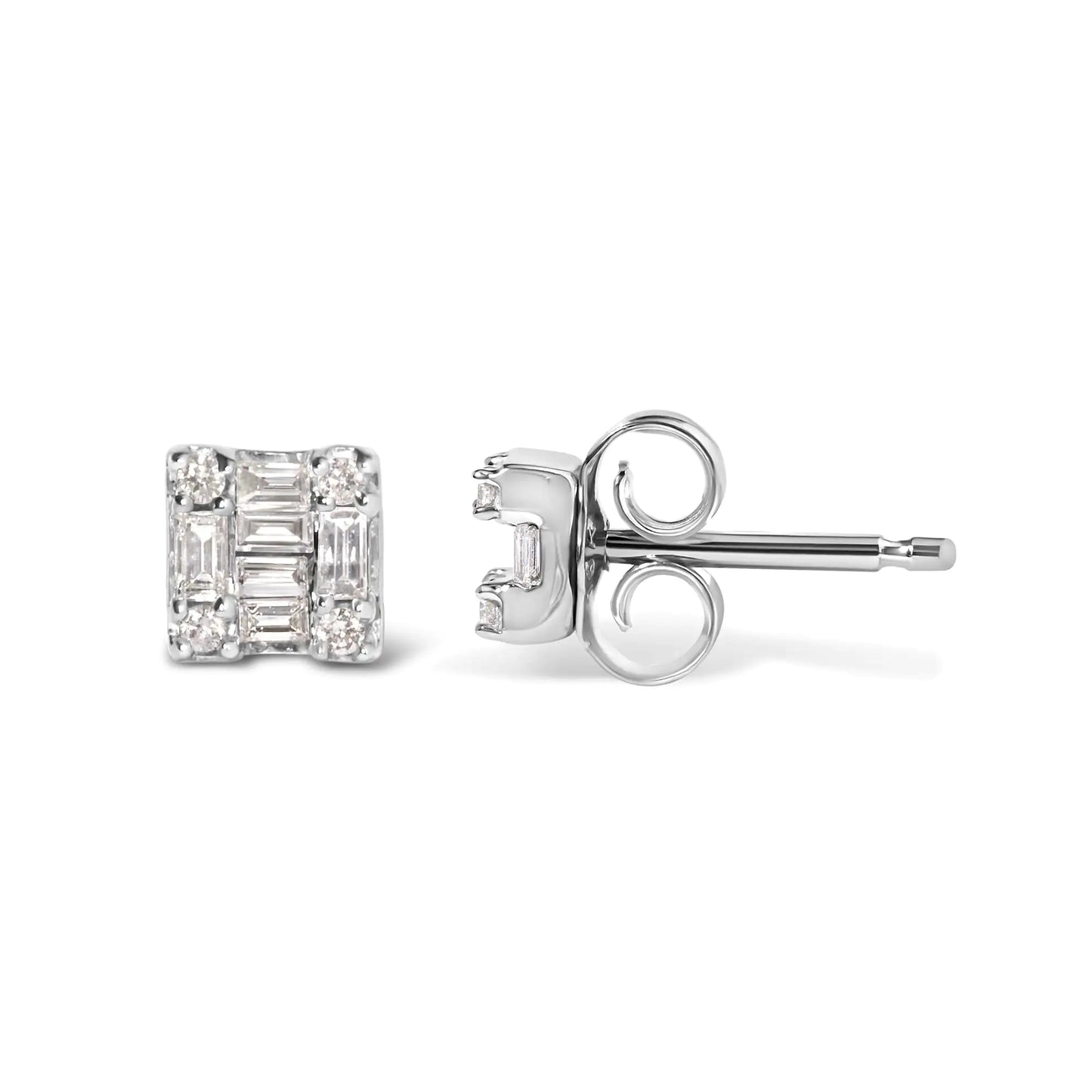 10K White Gold 1/7 Cttw Round and Baguette Diamond Mosaic Square Stud Earrings (H-I Color, I1-I2 Clarity)